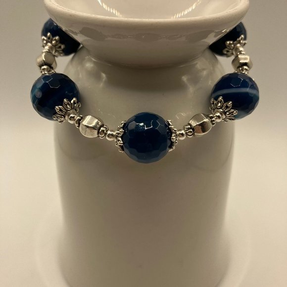 DARK Blue Agate Beaded Bracelet Large Agate Faceted Bead 14mm Grade A NEW - Picture 13 of 13